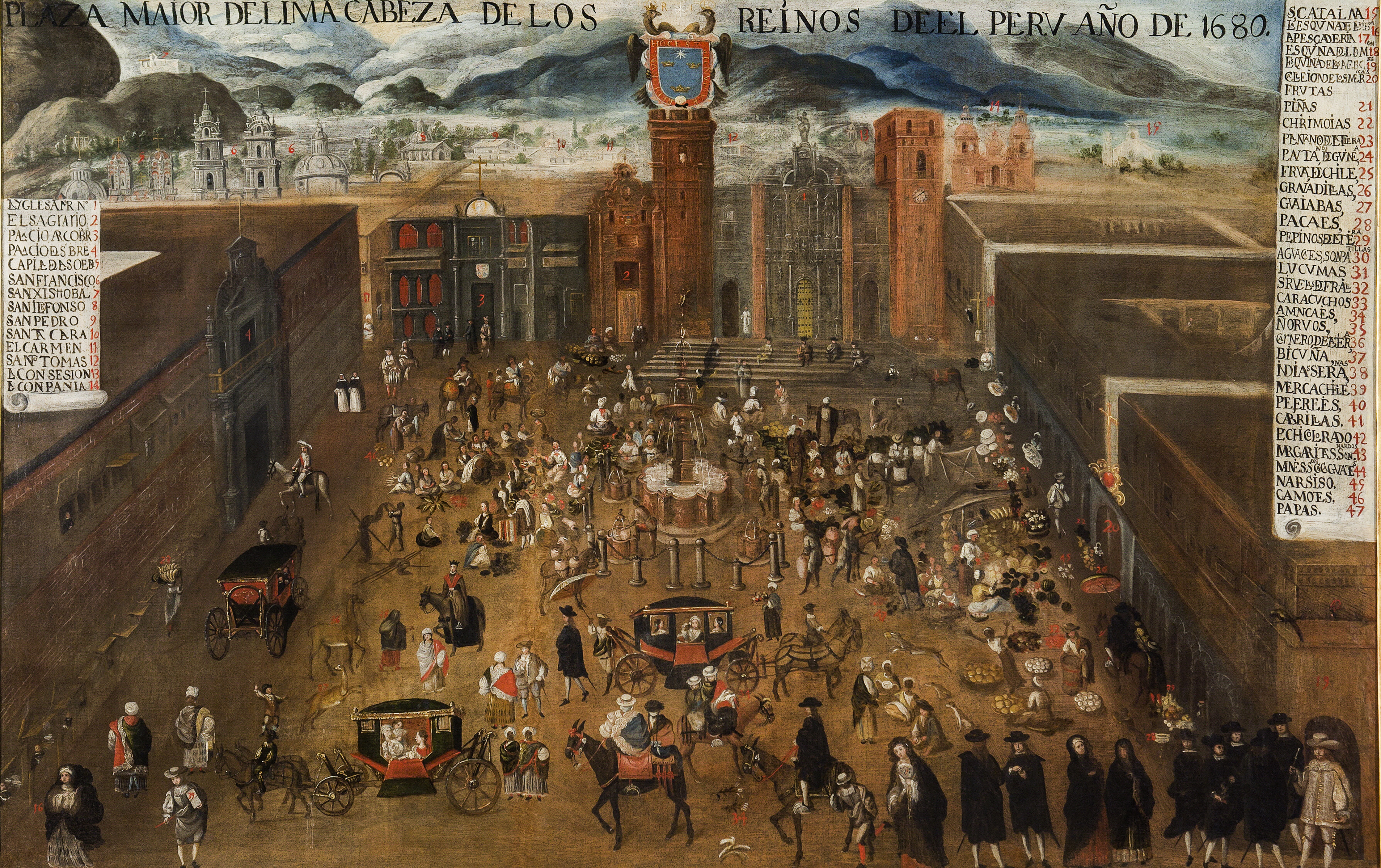 Vista de la Plaza Mayor de Lima antes del terremoto de 1687, a view on the main plaza in Lima. Many people from different cultures can be destinguished, amongst who probably Africans, Arabians, Indigenous, Europeans and quite a lot of South Asian or Indian looking figures. This might point towards the Gujarati, who could work mother-of-pearl so well. (Museo de América)